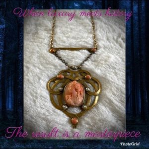 💗 Ca 1910 Antique 14k Gold Coral Cameo Necklace